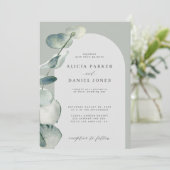 QRコード ボヘミアンワンピース 緑の木のアーチ ユーカリの結婚式 招待状 (スタンド正面)