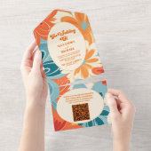 QRコード ボーホー シック レトロ カラフル フラワーズ ウェディング オールインワン招待状 (貼ってはがせる)