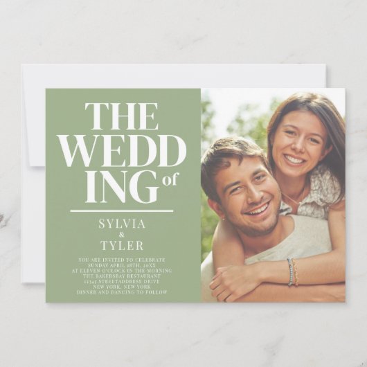 QRコード ミニマリスト タイポグラフィー サージ フォト ウェディング 招待状 (正面)