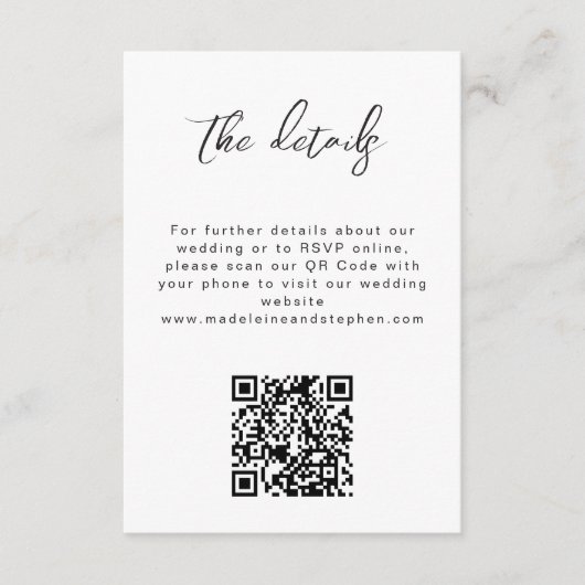QRコード ミニマリスト フォト ウェディング ウェブサイト 詳細 エンクロージャーカード (正面)