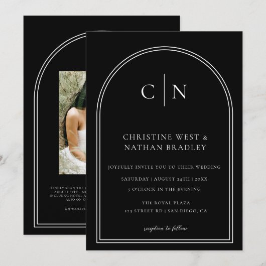 QRコード モダン モノグラム アーチ ウェディング 招待状 (正面/裏面)