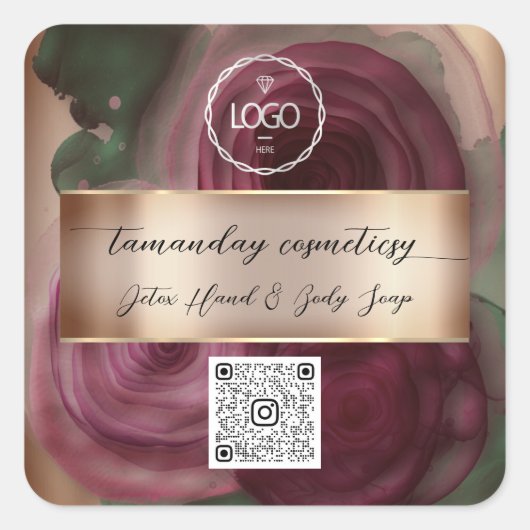 QRコード ロゴ フォト 製品 サンク ローズ バーガンディ スクエアシール (正面)