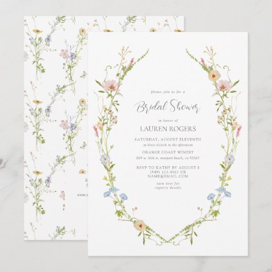 QRコード ワイルドフラワー 水彩画 ガーデン ブライダルシャワー 招待状 (正面/裏面)