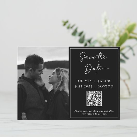 QRコード |写真とシンプル写真モダン日付を保存するPo 招待状 (スタンド正面)