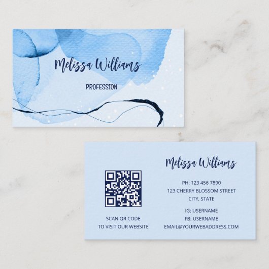 QRコード |抽象芸術アートブルー水彩 名刺 (正面/裏面)
