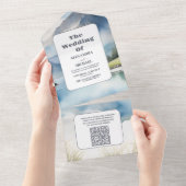 QRコード 水彩 山々 草原 ウェディング オールインワン招待状 (貼ってはがせる)