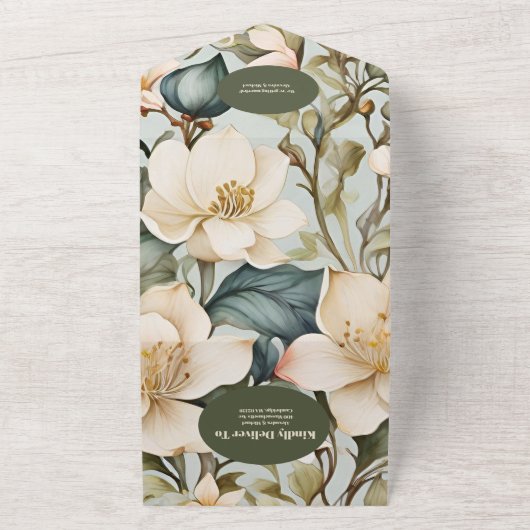 QRコード 水彩 白いユリ アールヌーヴォー 結婚式 オールインワン招待状 (外側)