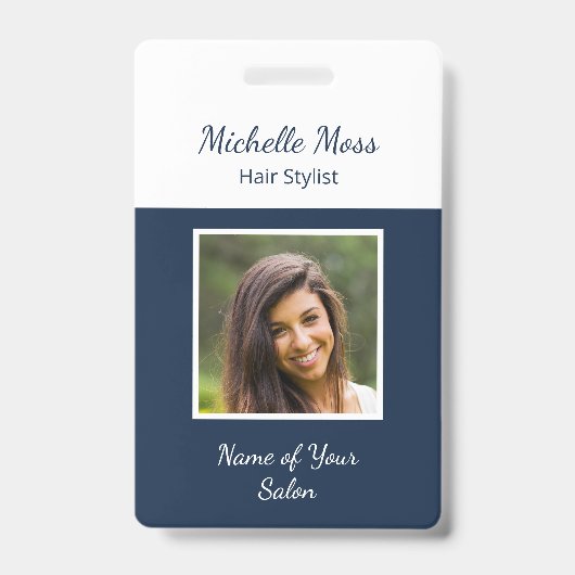 QRコード 現代 フォト ネイビーブルー ヘアスタイリスト バッジ (正面)