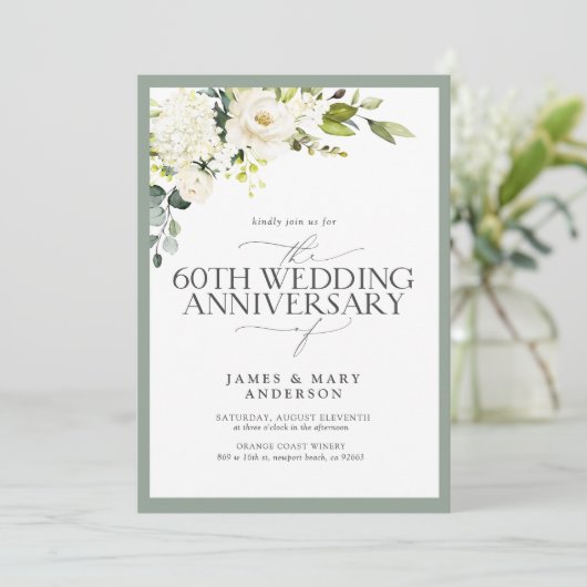 QRコード 白い緑の花 60周年 結婚記念日 招待状 (スタンド正面)