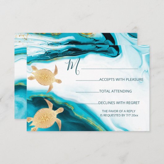 QRコード | 金ゴールドウミガメターコイズビーチ結婚式 出欠カード (正面/裏面)