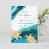 QRコード | 金ゴールドウミガメティール(緑がかった色)インクアゲ結婚ート 招待状 (スタンド正面)