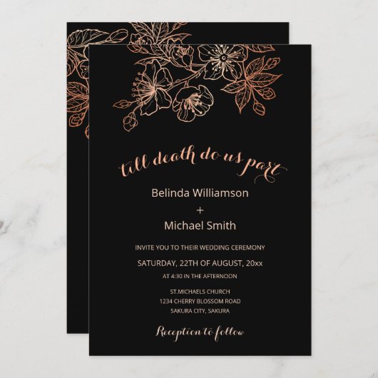 QRコード | 黒い銅フローラ | ゴシック結婚の 招待状 (正面/裏面)