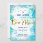 QRコードB'nai(ユダヤ教の)バル・ミツバーターコイズ水彩金ゴールド 招待状 (正面)