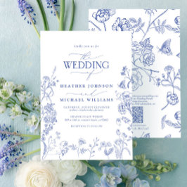 QRコードChinoiserieブルーフランスのフローラ結婚ズ 招待状