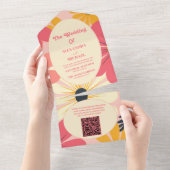 QRコードGroovyレトロピンク&金ゴールド結婚ズ オールインワン招待状 (貼ってはがせる)