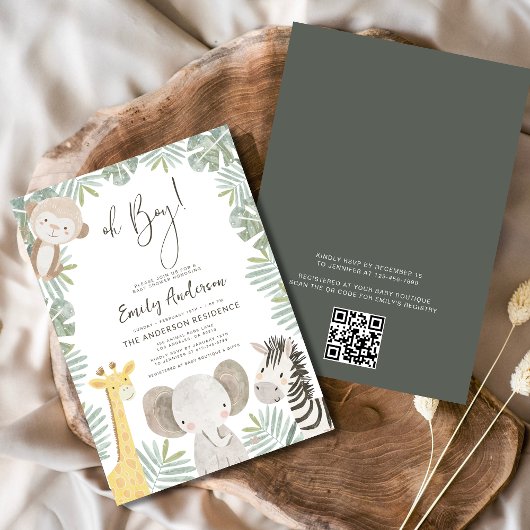 QRコードOhボーイサファリ動物の赤ちゃんシャワー 招待状