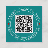 QRコードRSVPと縁どハートティール(緑がかった色)青結婚 エンクロージャーカード (正面)