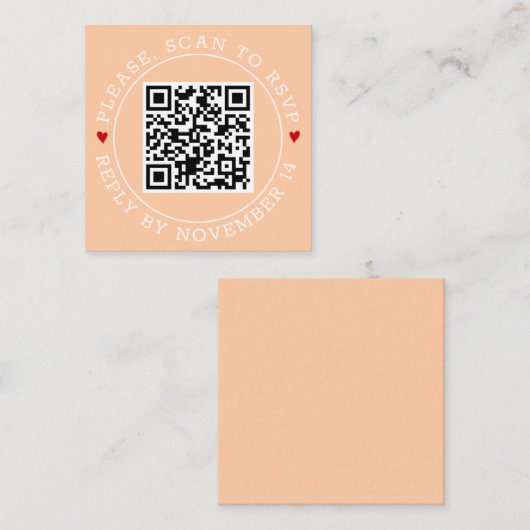 QRコードRSVPと縁どハートピーチ結婚ズ エンクロージャーカード (正面/裏面)