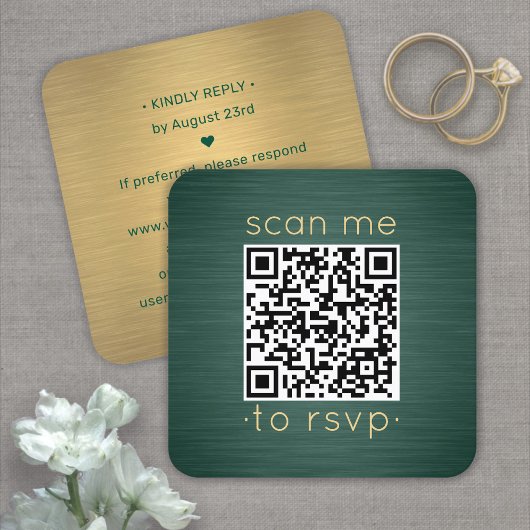 QRコードRSVPの結婚詳細緑の金ゴールドエンクロージャ スクエア名刺