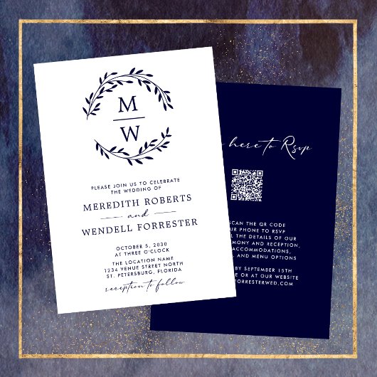 QRコードRSVPネイビーブルーモノグラムリース結婚ズ 招待状