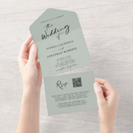 QRコードRSVP書道Sage Green 結婚's オールインワン招待状