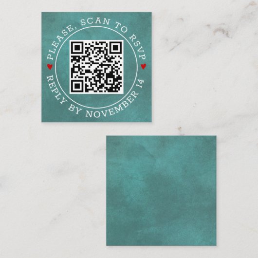 QRコードRSVP染色ティール(緑がかった色)ブルーとハート結婚ズ エンクロージャーカード (正面/裏面)