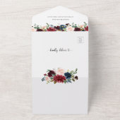 QRコードRSVP結婚によるBurgundyフローラグリーナリー オールインワン招待状 (外側)