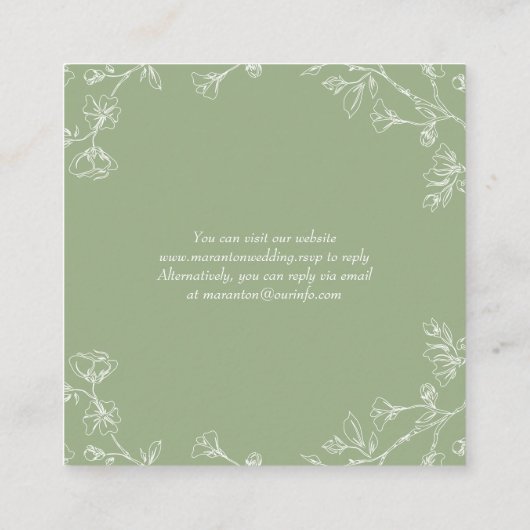 QRコードRSVP、セージ緑の花のフローラ結婚 エンクロージャーカード (裏面)