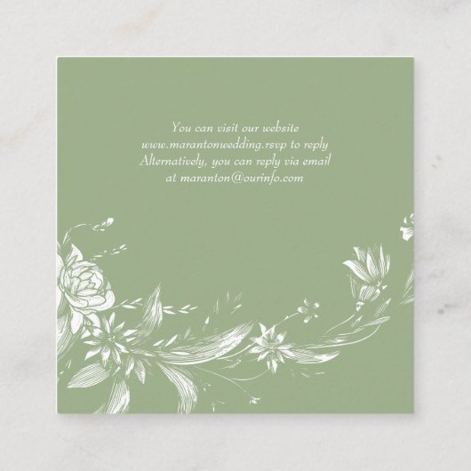 QRコードRSVP、セージ緑の花のフローラ結婚 エンクロージャーカード (裏面)