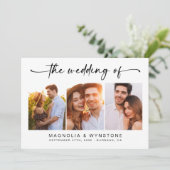 QRコードRSVP |モダン3枚の写結婚真 招待状 (スタンド正面)