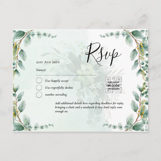 QRコードRSVP Eucalyptus 葉Greenery結婚 Po ポストカード (正面)