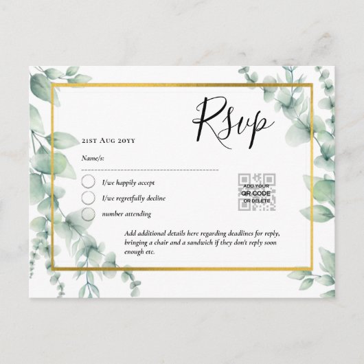 QRコードRSVP Eucalyptus 葉Greenery結婚 Po ポストカード (正面)