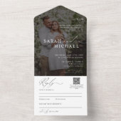 QRコーミニマルドの写真をクエレガントリーンスクリプ結婚ト オールインワン招待状 (内側)