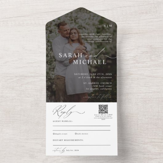 QRコーミニマルドの写真をクエレガントリーンスクリプ結婚ト オールインワン招待状 (内側)