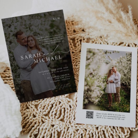 QRコーミニマルドの写真をクエレガントリーンスクリプ結婚ト 招待状