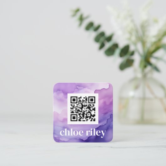 QRコーミニマルドパープル水色 スクエア名刺 (スタンド正面)