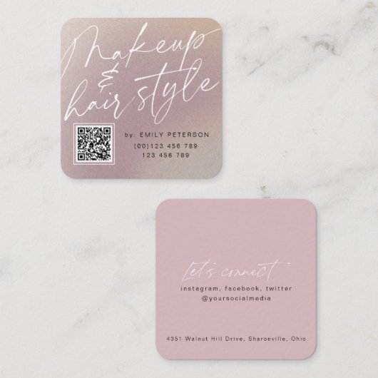 QRコーモダンドのシックな化粧とヘアスタイル  スクエア名刺 (正面/裏面)