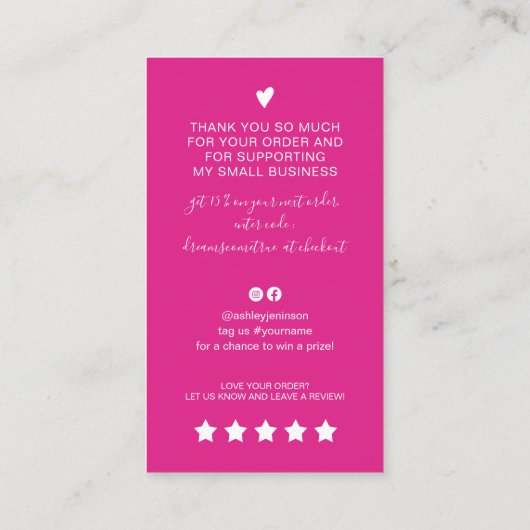 QRコーモダンドのホットピンクオーダ感謝していーのスクリプト 名刺 (裏面)