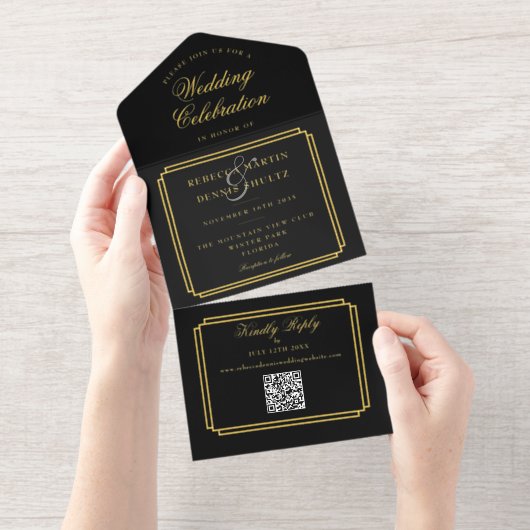 QRコーモダンドアールデコモノグラム結婚の箔 オールインワン招待状 (切り取り部)