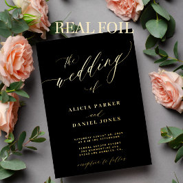 QRコーモダンドエレガント金ゴールド結婚ブラック 箔招待状