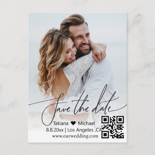 qrコーモダンドシンプルカップル写真の保存日付 案内ポストカード (正面)