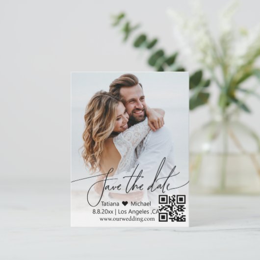 qrコーモダンドシンプルカップル写真の保存日付 案内ポストカード (スタンド正面)
