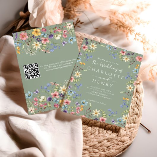 QRコーモダンドセージ緑のワイルドフラワー結婚ズ 招待状