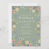 QRコーモダンドセージ緑のワイルドフラワー結婚ズ 招待状 (正面)