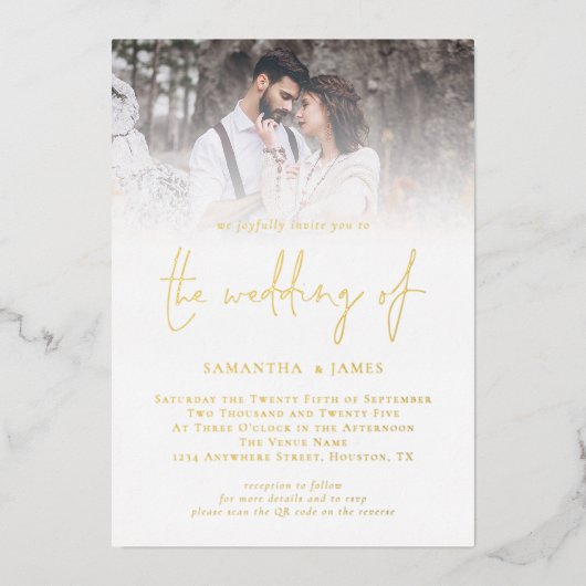 QRコーモダンドフォトの高級結婚金ゴールドのスクリプト 箔招待状 (正面)