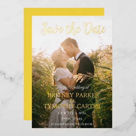 QRコーモダンドフォトイエロースクリプト結婚の 箔招待状 (正面/裏面)