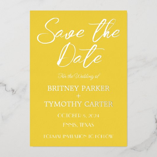 QRコーモダンドフォトイエロースクリプト結婚の 箔招待状 (正面)