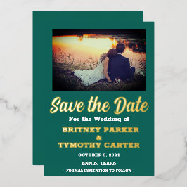 QRコーモダンドフォトエメラルドグリーン結婚ズ 箔招待状