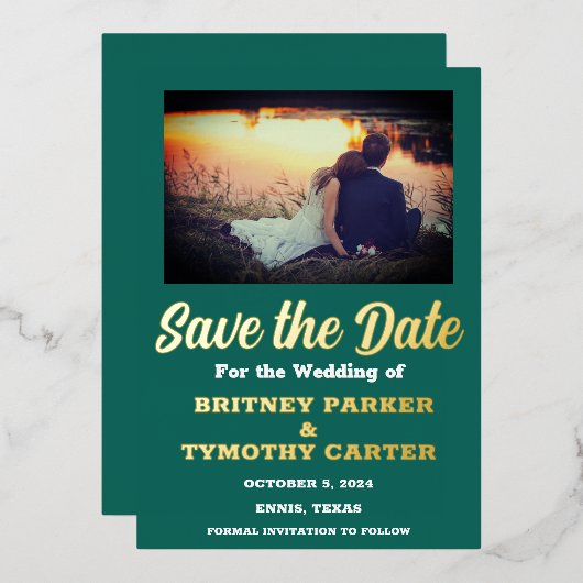 QRコーモダンドフォトエメラルドグリーン結婚ズ 箔招待状 (正面/裏面)