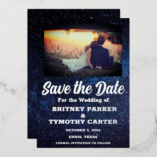 QRコーモダンドフォトシナ銀河系結婚 箔招待状 (正面/裏面)